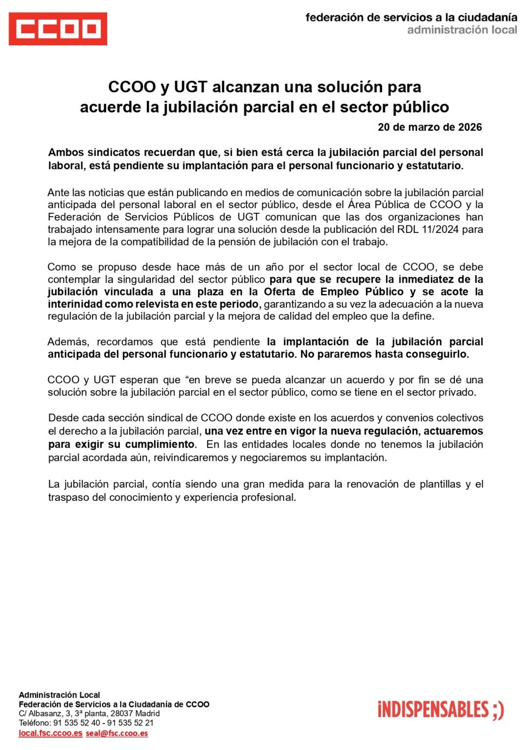 CCOO y UGT esperan que próximamente se acuerde la jubilación parcial en ...